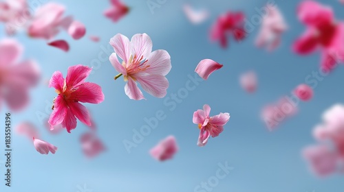 Pink cherry blossoms floating against a clear blue sky