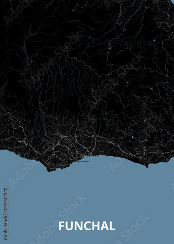 Map of Funchal, featuring a dark, almost black, rendering of the landmass with intricate white lines delineating roads, rivers