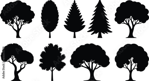 Tree silhouette icons, black vector trees, foliage shapes, botanical design, nature elements, forest symbols, landscape art, stylized trees