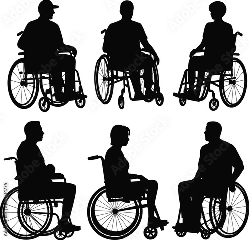 Wheelchair user silhouettes, seated figures, accessibility icons, black vector, disability representation, posture variation, inclusive design, medical, cartoon