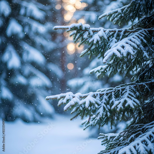 Close-up of Pine Tree Branches Covered in Fresh Snow with Bokeh Light.