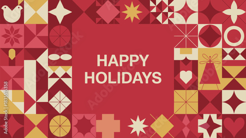 Happy Holidays geometric decorative illustration with festive shapes, ornaments and modern red-gold color palette, perfect for greeting cards, posters and holiday designs