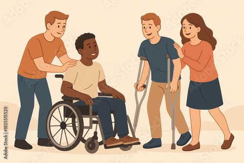 Disabled People with Friends Helping – Support & Inclusion Vector Illustration