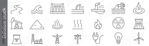Electricity generation, Energy, power and industry line icon set – editable outline symbols of oil, hydro, nuclear, wind, plug, lightbulb and factory