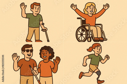 Disabled People Retro Cartoon Icons Set – Happy Life Vector Illustration