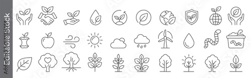 Ecology, nature and environment line icon set – editable outline symbols of leaf, tree, wind, sun, water, worm, and compost
