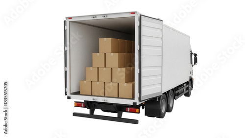 Delivery truck with open back door and cardboard boxes inside isolated PNG, cargo van for shipping and transportation on transparent background
