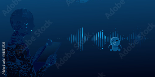 Ai voice assistant for babies with low poly humanoid and sound wave