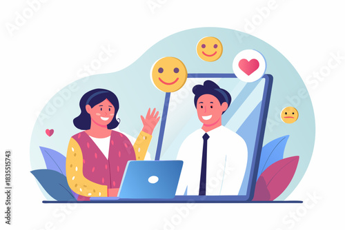 Online meeting illustration with laptop and smiling people