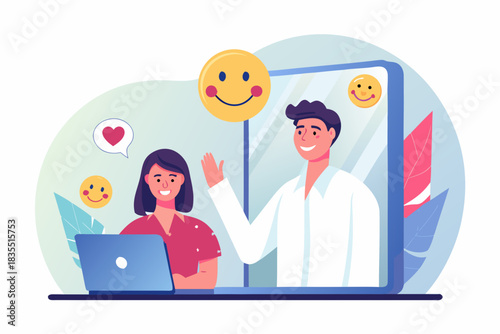 Online communication with video call and social media interaction illustration