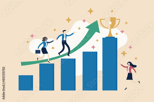 Business growth and teamwork to achieve success chart and trophy
