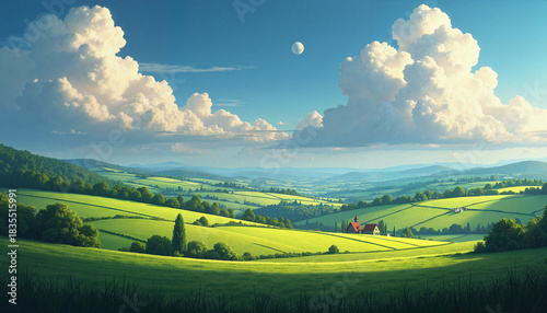 Rolling green hills under vibrant clouds on sunny summer day  