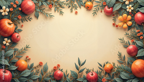 Colorful apples and flowers arranged in a decorative frame  