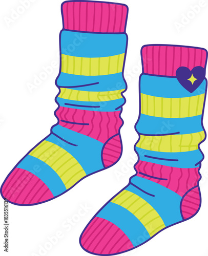 A vibrant vector illustration of a pair of striped socks in blue, pink, and lime yellow, featuring pink ribbed cuffs, heels, and toes, with a cute purple heart emblem on the side.