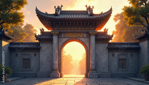 Ornate gate of temple framed by trees at sunset in warm colors  