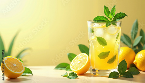 Refreshing lemonade with mint and ice in glass on yellow background  