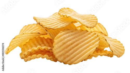 Pile of golden rippled potato chips isolated PNG on transparent background, crispy snack food for party and picnic