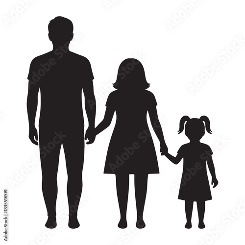 Black silhouette of a father holding hands with two daughters child family