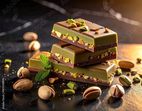 Stacked pistachio and chocolate candy bars, some pistachios around, mint leaf