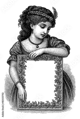 Young woman holding blank sign and waving in vintage engraving style, Transparent Background