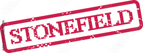 A vibrant red STONEFIELD stamp offers a distinct distressed texture for official notices