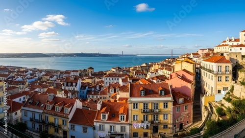 Panoramic cityscape of Lisbon's historic Alfama district with colorful buildings and red roofs overlooking the Tagus River.