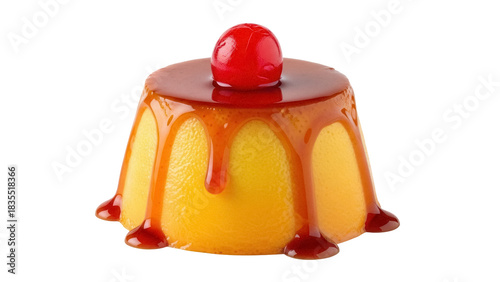 Foto Delicious flan dessert with caramel and cherry isolated PNG, sweet custard puddi
