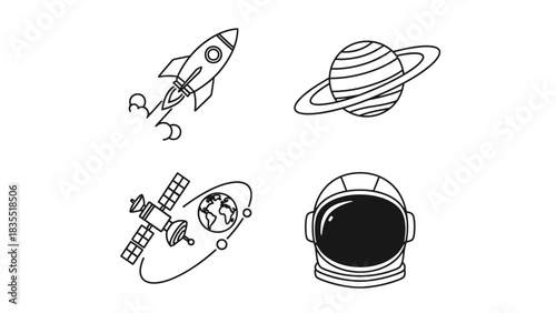 Collection of Space-Themed Icons Featuring a Rocket, Saturn, Satellite, and Astronaut Helmet