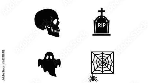 Spooky Icons Halloween Graveyard Scene with Skull, Ghost, Tombstone and Spiderweb