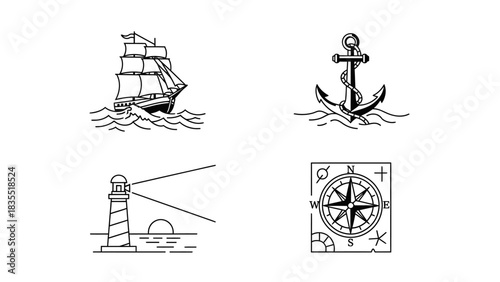 Set of Nautical Icons Sailboat, Anchor, Lighthouse, and Compass for Maritime Concepts