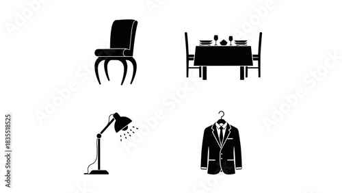 Set of essential everyday household objects and personal items featuring furniture, lighting, and apparel, presented as clean black and white graphic icons for various design applications