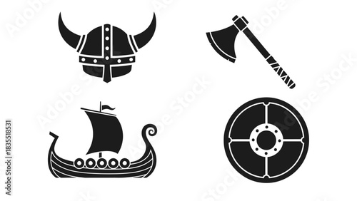 Viking Icons Set Helmets, Axes, Ships, and Shields for Historical Design and Symbolism