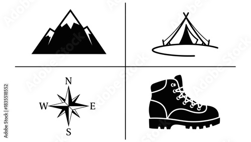 Hiking Adventure Collage Mountain, Tent, Compass, and Boots Iconography