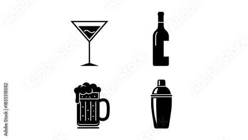 A collection of black silhouette icons representing alcoholic beverages, including a martini glass, wine bottle, beer mug, and cocktail shaker, perfect for bar menus or party invitations