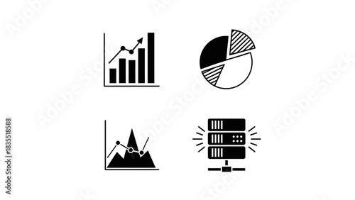 Minimalist icon set for business analytics and data management, showcasing statistical charts like bar and line graphs, a pie chart, and a server icon