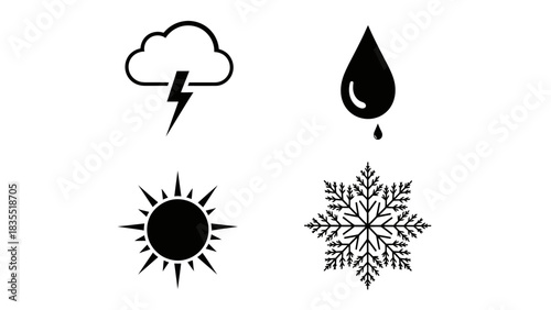 A minimalist collection of four essential weather condition icons, representing storm, rain, sun, and snow for meteorology concepts
