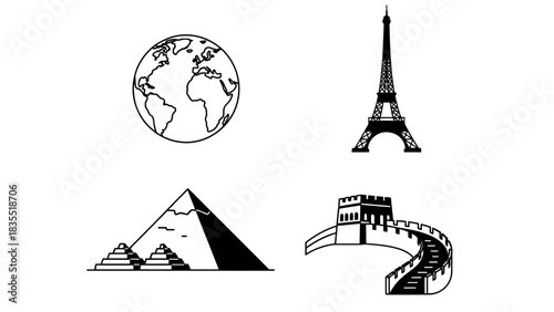 Iconic World Landmarks Travel Destinations Globe, Eiffel Tower, Pyramids, Great Wall
