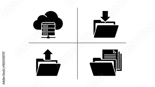 A versatile set of flat glyph icons representing digital file management, cloud computing services, and data transfer concepts like uploading and downloading