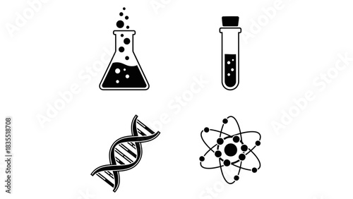 Science Icons Beaker, Test Tube, DNA Helix and Atomic Structure, Illustrative Scientific Elements