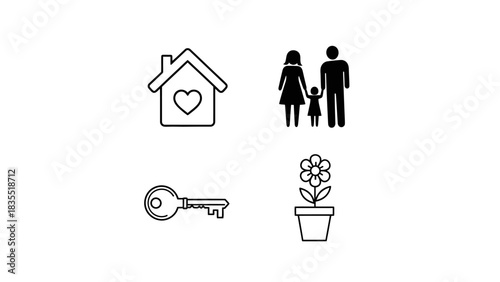 Set of four essential life icons including a loving home, a traditional family, a house key, and a growing flower in a pot, isolated on white