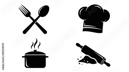 Vector illustration of essential kitchen and restaurant symbols, including a chef's hat, pot, and utensils for cooking and baking concepts