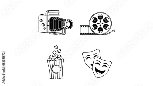 Collection of cinematic elements including a vintage camera, film reel, popcorn, and theater masks representing the art of filmmaking and entertainment