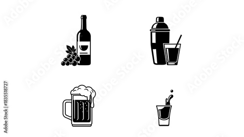 A minimalist set of black and white icons representing various alcoholic drinks, including wine, cocktails, beer, and shots for a bar menu or party