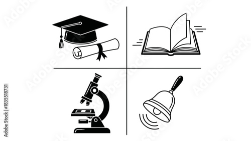A comprehensive set of educational and scientific symbols illustrating the path of learning, from classroom studies and scientific exploration to academic achievement and graduation