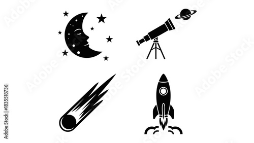 Collection of celestial bodies and space exploration icons, featuring a crescent moon with stars, a telescope observing a distant planet, a streaking comet, and a launching rocket