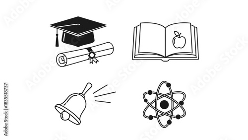 Education Icons Set Graduation, Book, Bell, and Science in Black and White