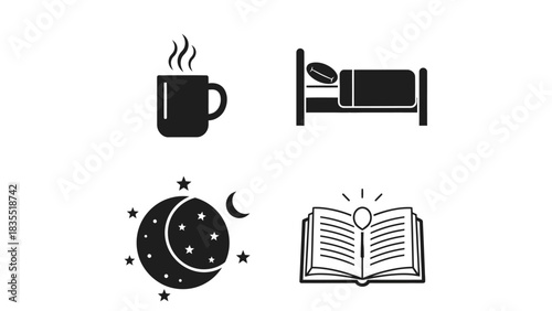 Essential vector icons illustrating a cozy daily routine a warm drink, comfortable sleep, a peaceful night, and the immersive joy of reading a good book