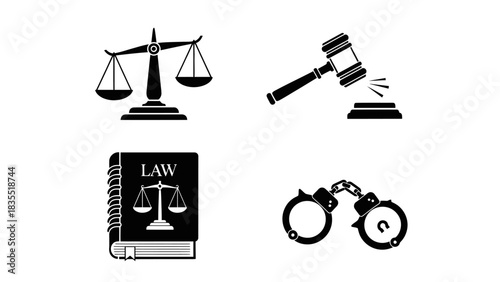 A set of four black and white vector icons representing the legal system, including scales of justice, a judge's gavel, a law book, and handcuffs