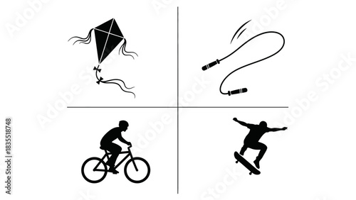 Active Lifestyle Kite, Jump Rope, Biking, Skateboarding Icons