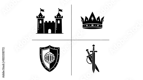An ensemble of classic medieval icons featuring a majestic castle, regal crown, protective shield, and formidable swords, symbolizing power and history, perfect for game design or historical projects